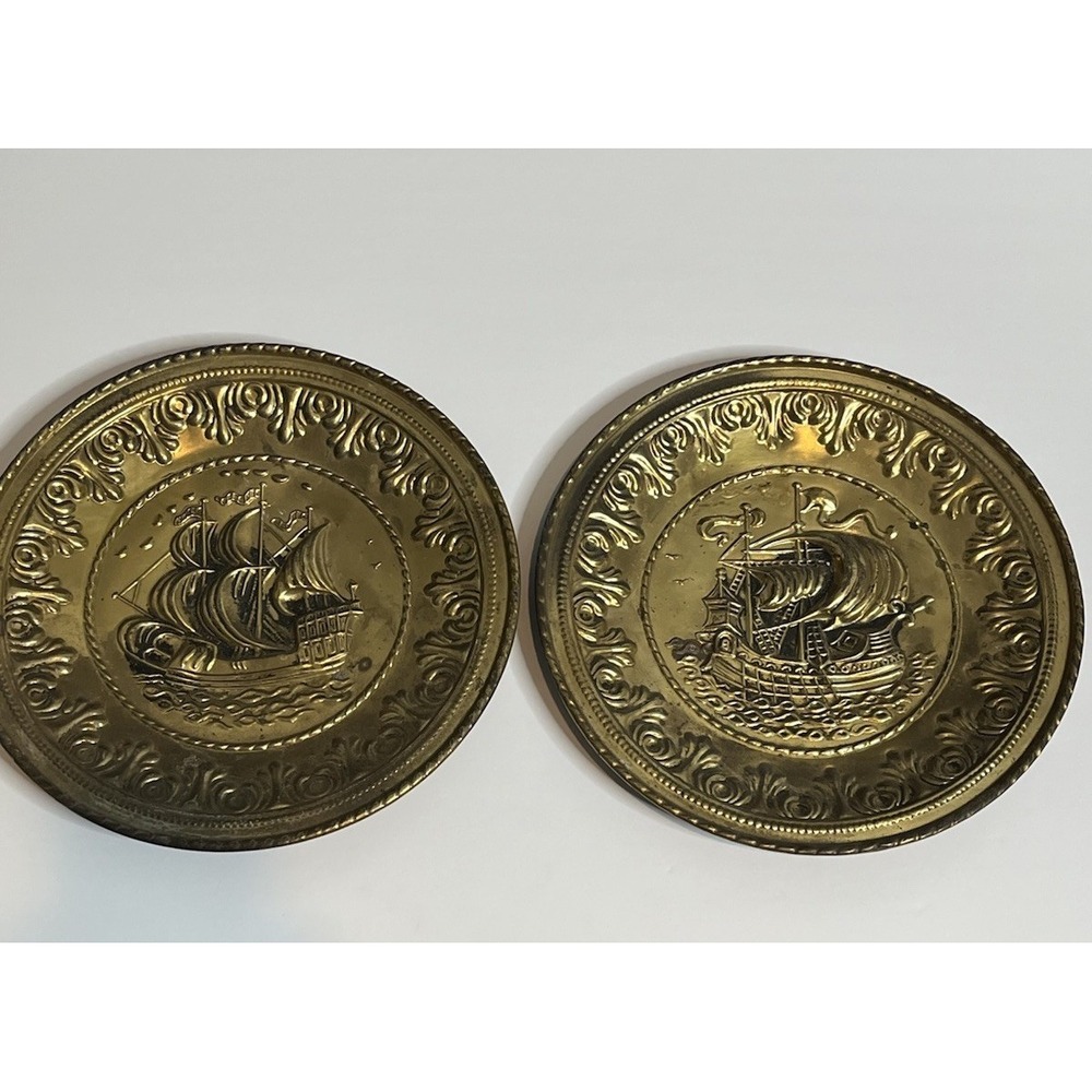 Vintage Brass Nautical Hanging Plates With Ships England 12"